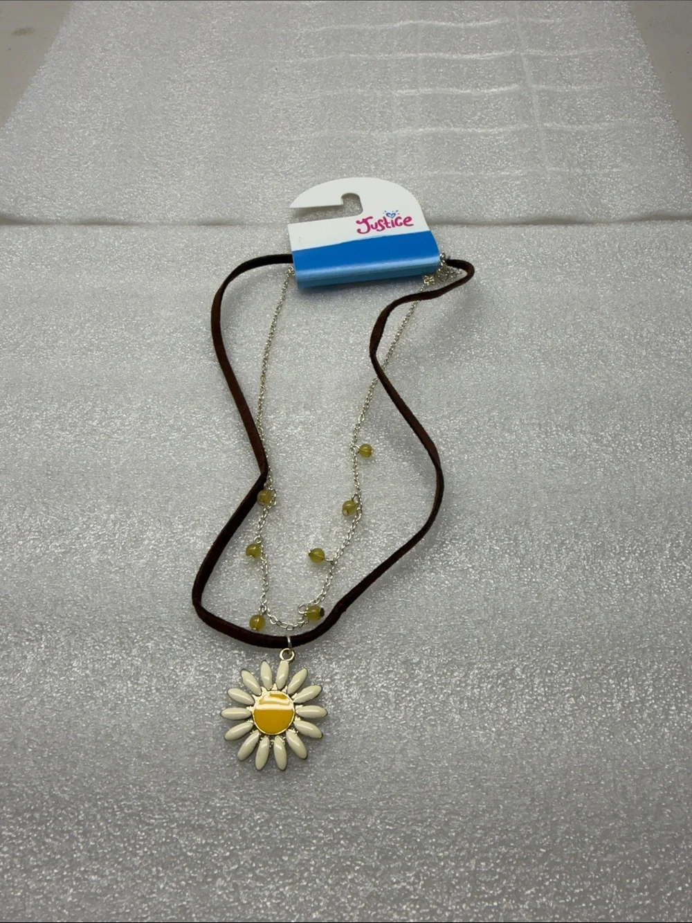 Justice Brown Suede Layered Necklace with Yellow Daisy Pendant. NEW